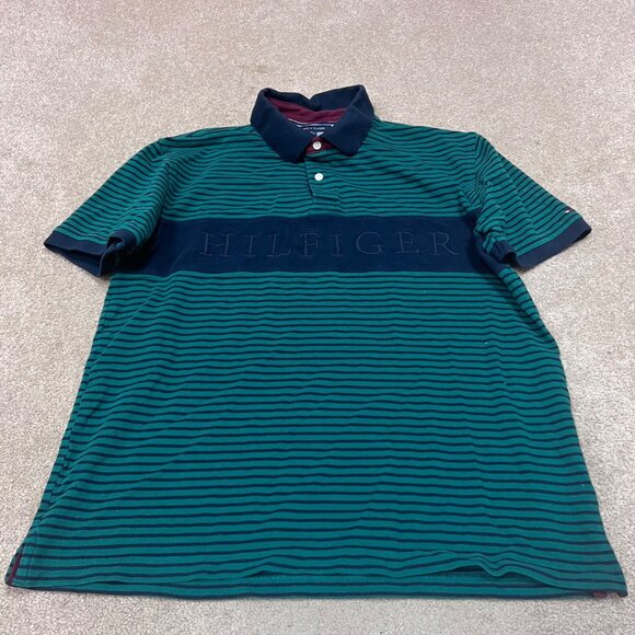 Tommy Hilfiger Polo Men’s Blue Green Striped Short Sleeve Size XL Slim Fit - Picture 1 of 10